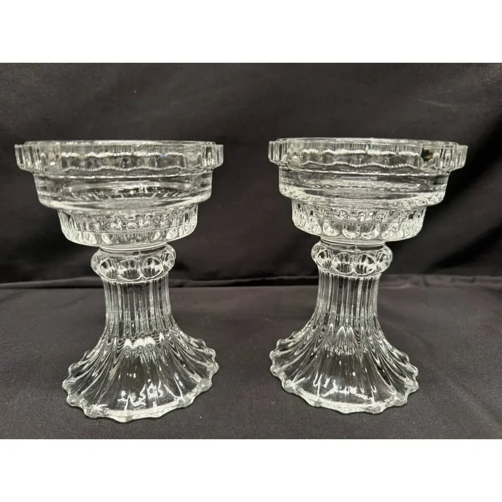 Pair of L.E. Smith Vintage Pink Fairy Lamps Clear Glass Pedestal Candle Holders